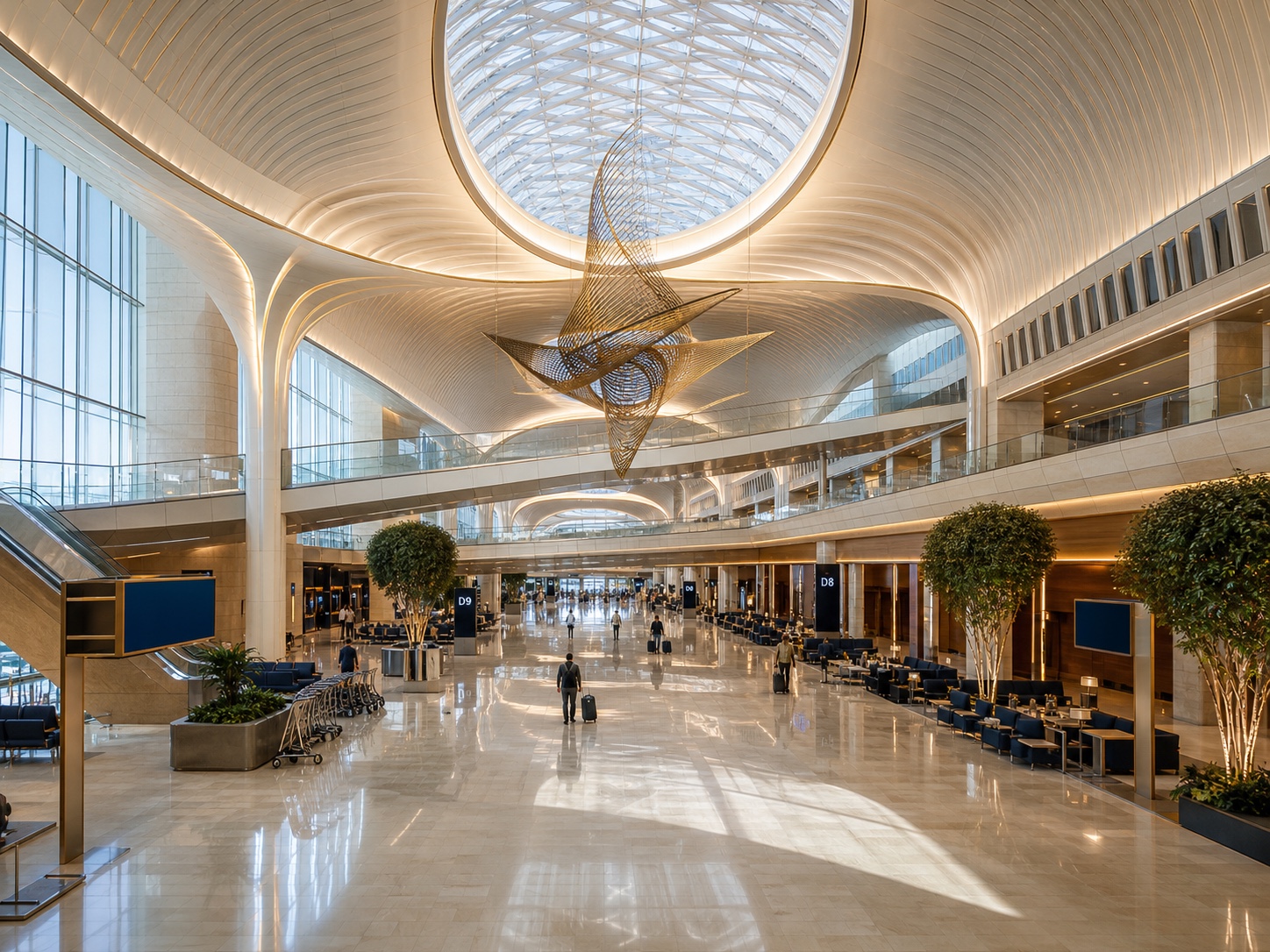 Grand international airport terminal with a soaring illuminated roof, oval skylight, suspended sculpture, and layered glass bridges.