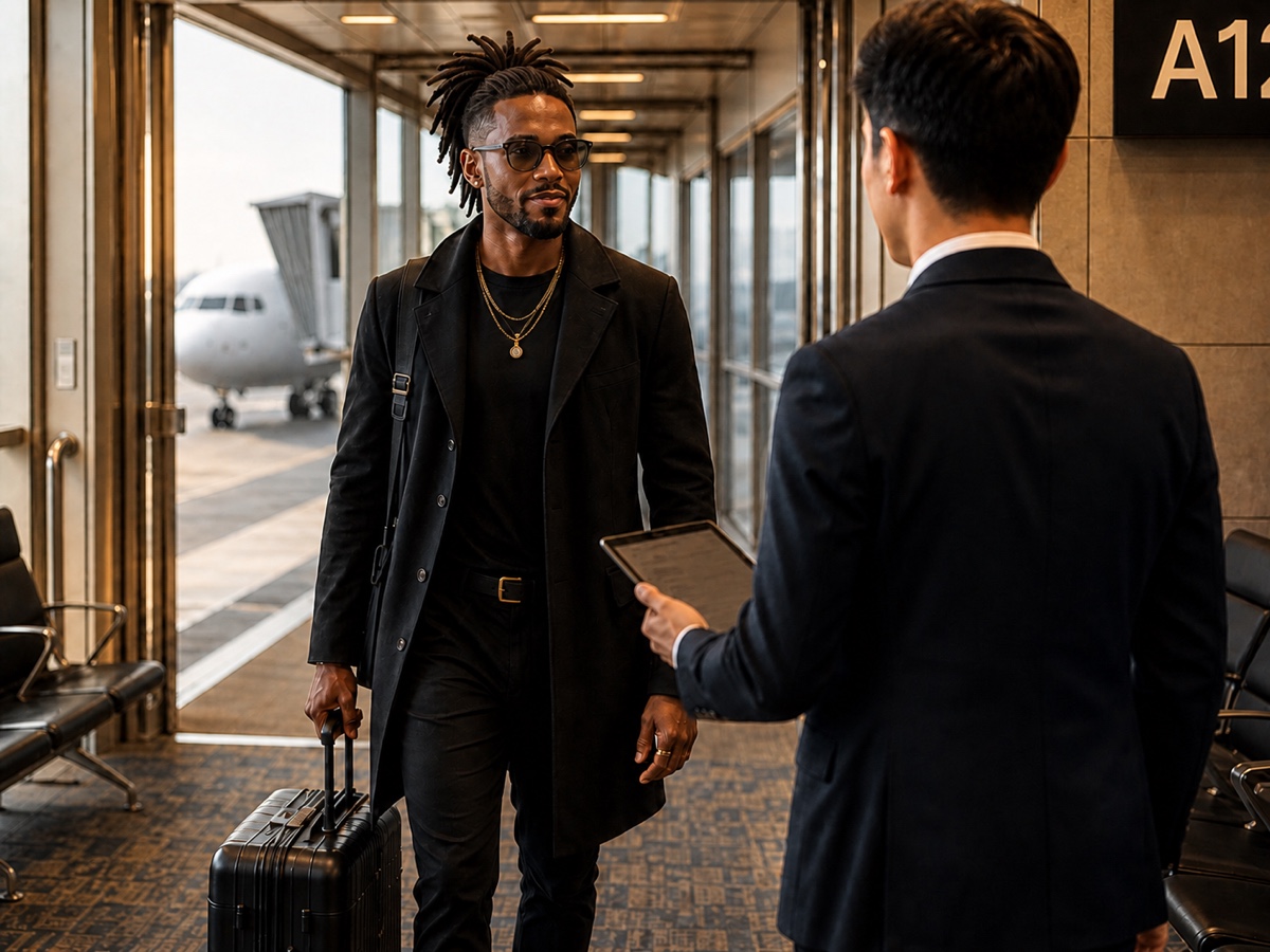 Male airport concierge holding a tablet welcomes a stylish traveler with luggage in the gate area after his flight.