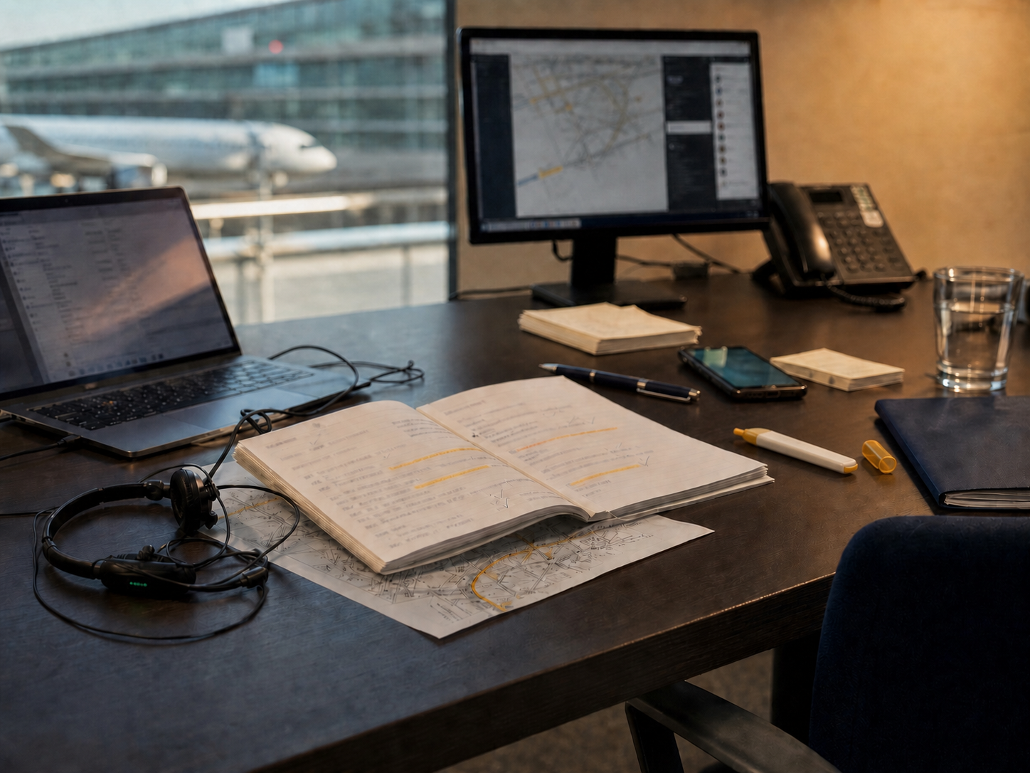 Active airport-assistance coordination desk with service notes, a marked terminal map, communications equipment, and flight-status screens.