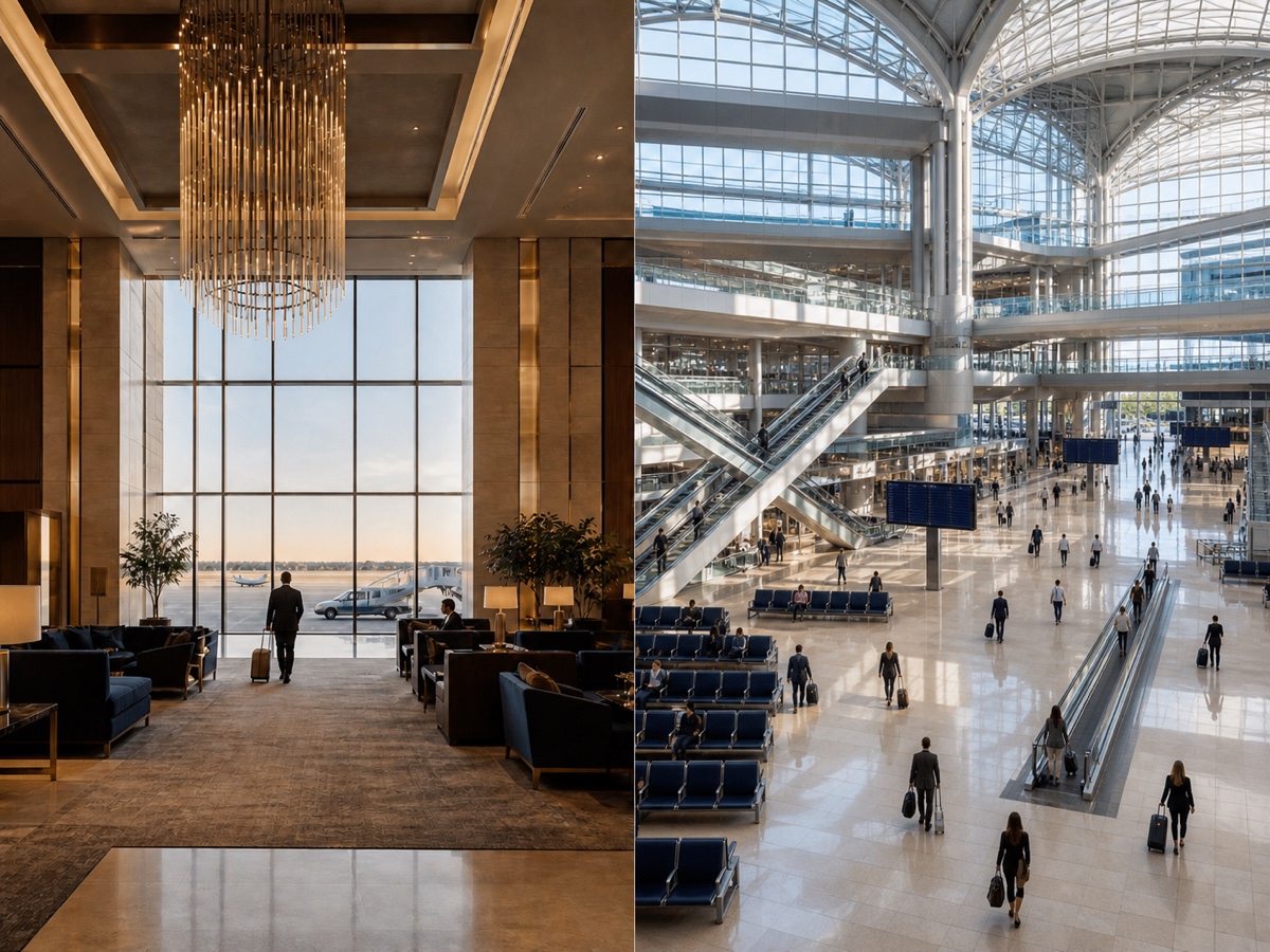 Split view contrasting a quiet, exclusive VIP airport terminal with a bright, expansive multilevel commercial terminal.