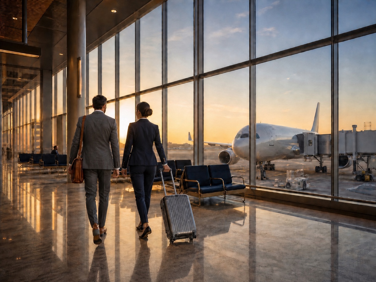 Airport concierge accompanies a traveler toward a departure gate while golden-hour light fills the terminal.
