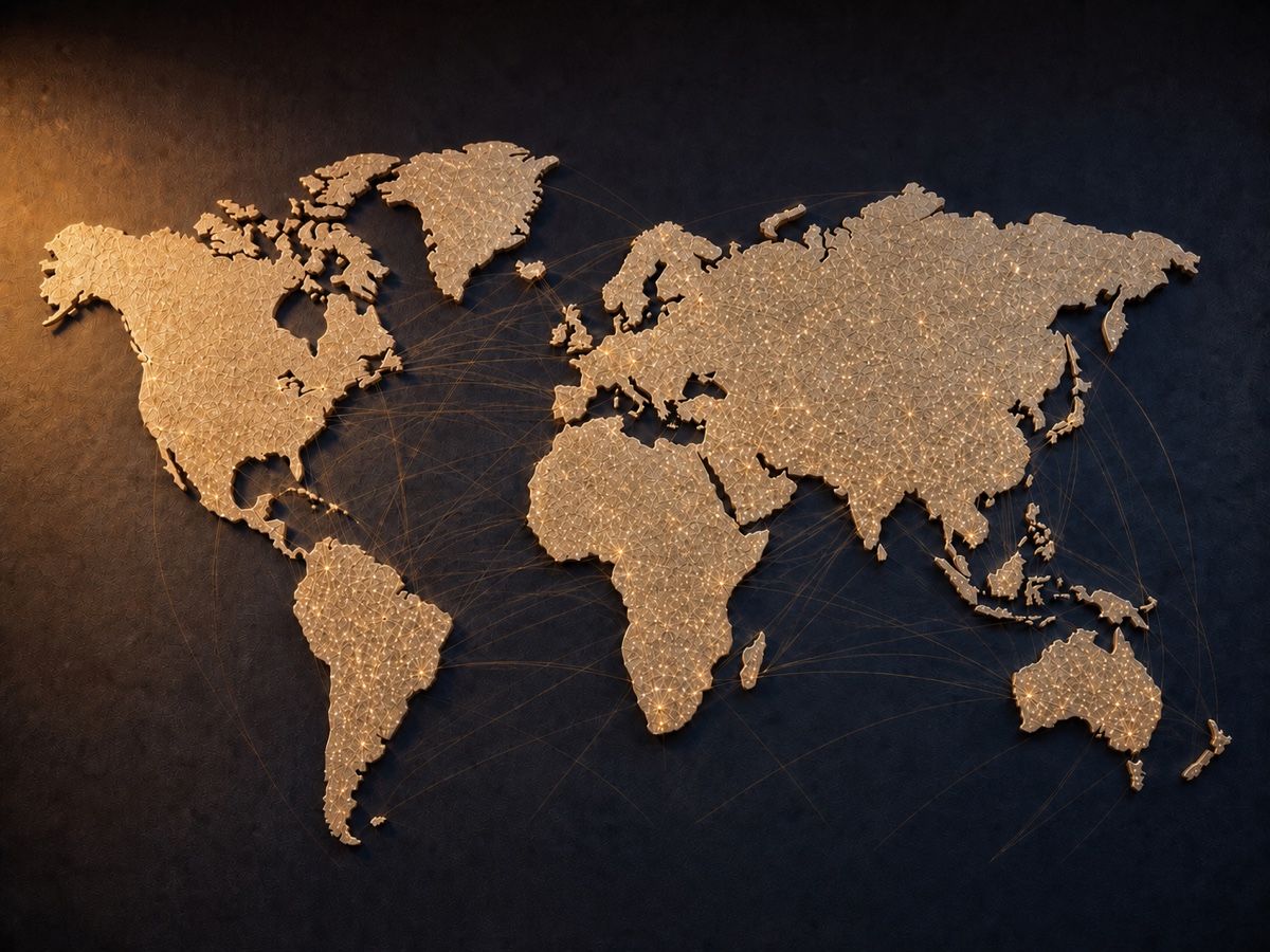 Illuminated gold world map representing AAW’s extensive service network across six continents.