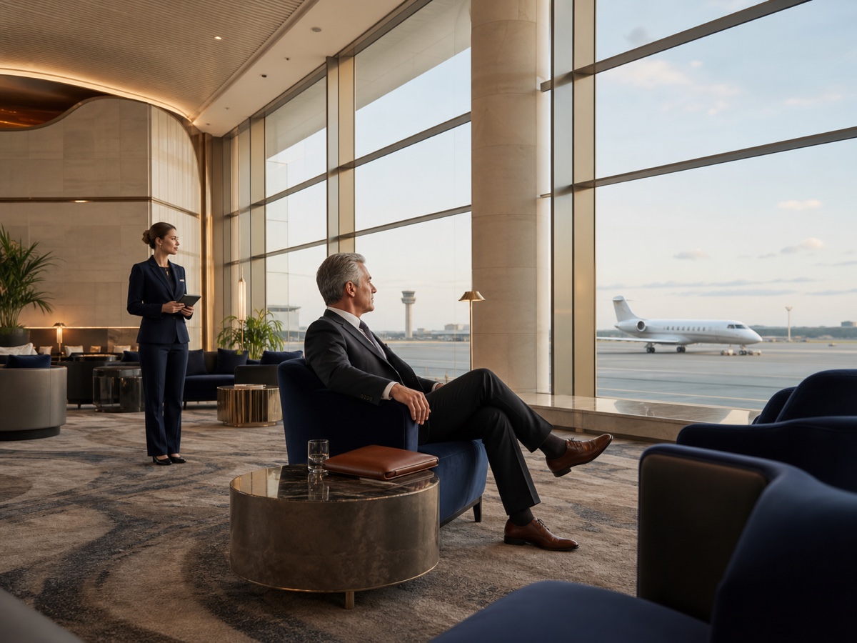 Executive looks through expansive airport windows toward aircraft moving across the airfield.