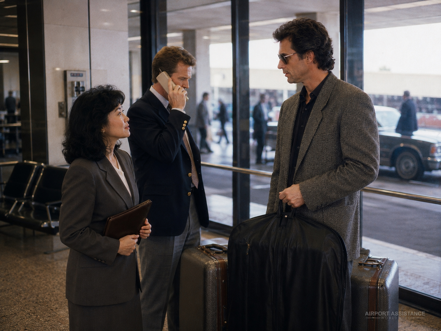 1980s-style Meet and Greet airport representative welcoming an entertainment traveler