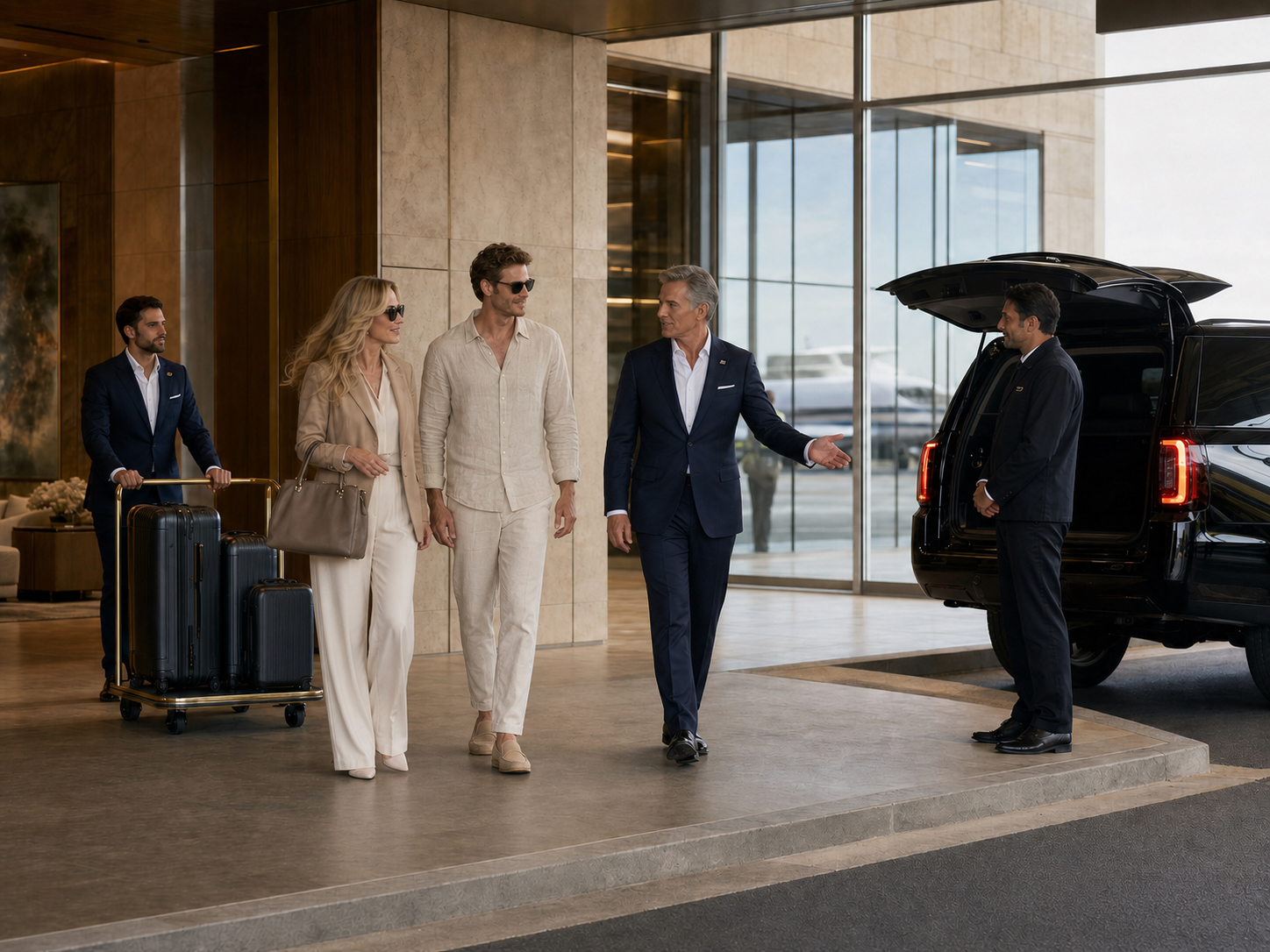 Luxury travelers receiving private-terminal arrival assistance before their chauffeur transfer