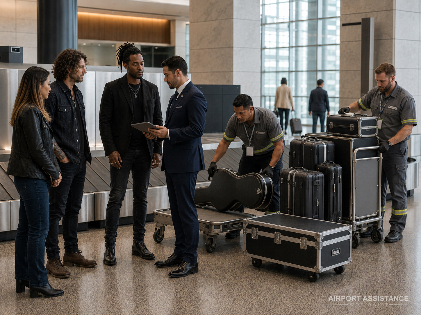 Airport assistance team coordinating touring rock band baggage at an international airport oversized-baggage collection area.