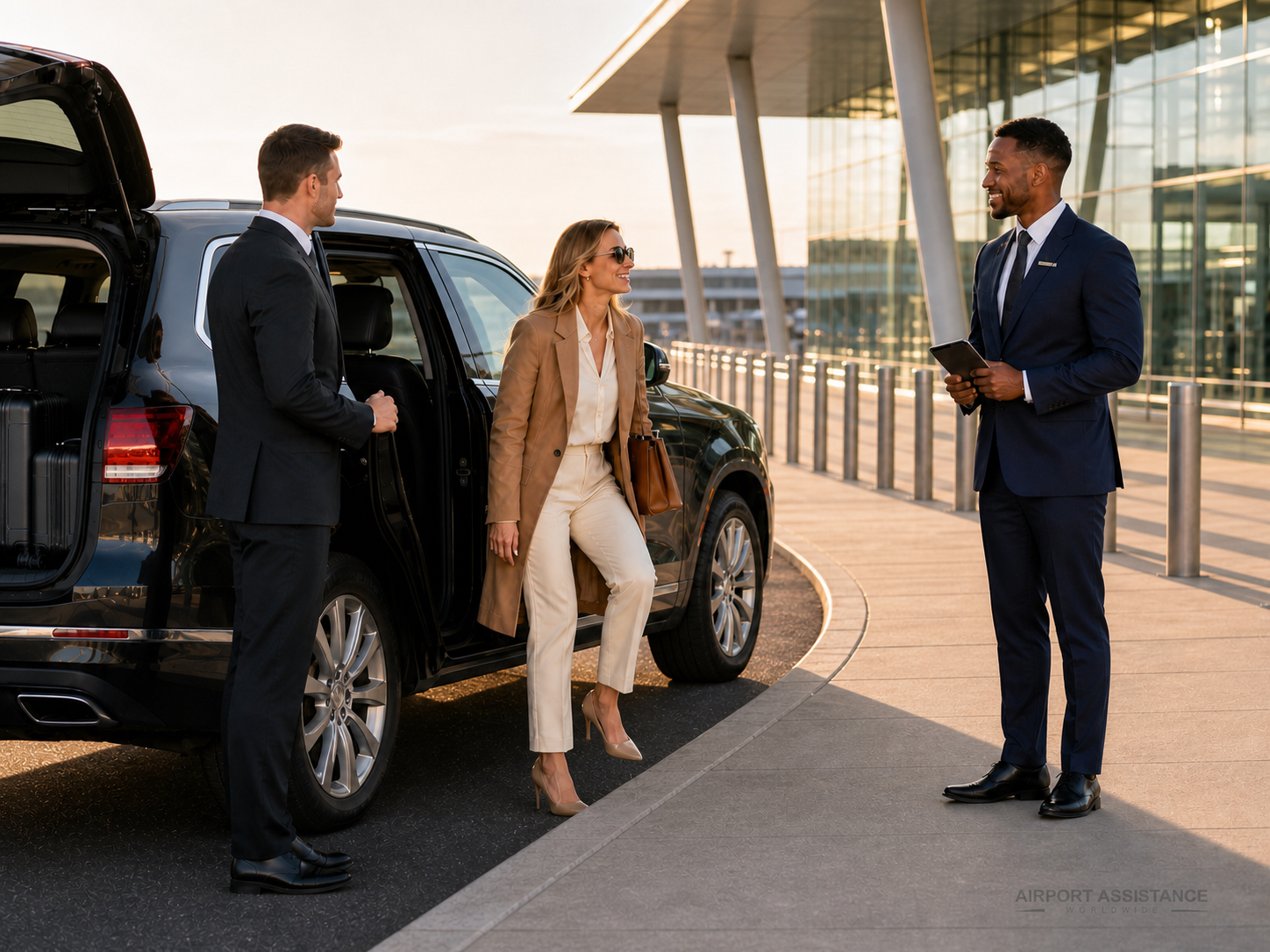 Airport Assistance Worldwide concierge greets a luxury traveler exiting a chauffeur-driven SUV at an airport terminal.