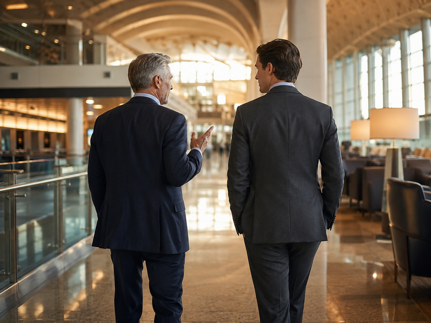 Two anonymous business professionals of different generations walk side by side through a luxury airport terminal, viewed mostly from behind, symbolizing mentorship, continuity, and shared aviation expertise.