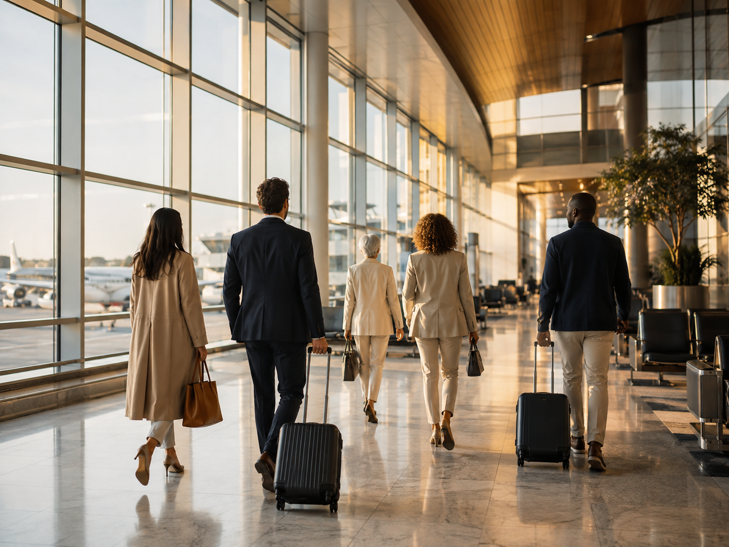 International travelers walk through a sunlit airport terminal with carry-on luggage.