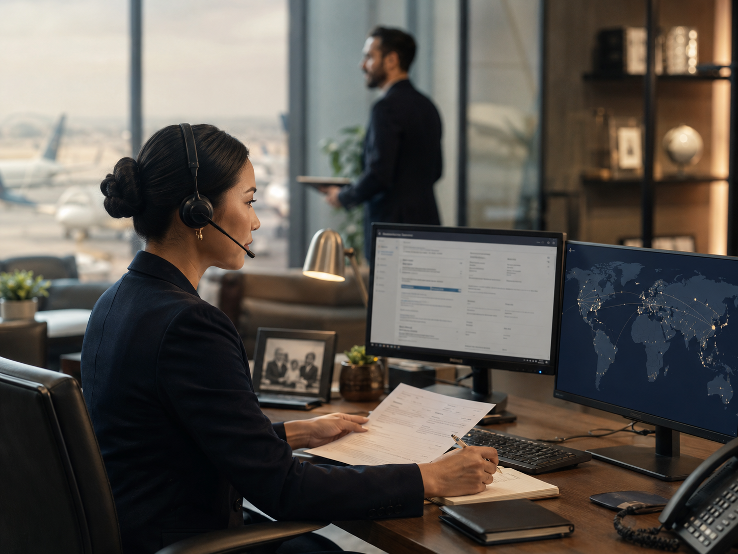 Reservations specialist coordinating global airport assistance from Airport Assistance Worldwide’s international operations office