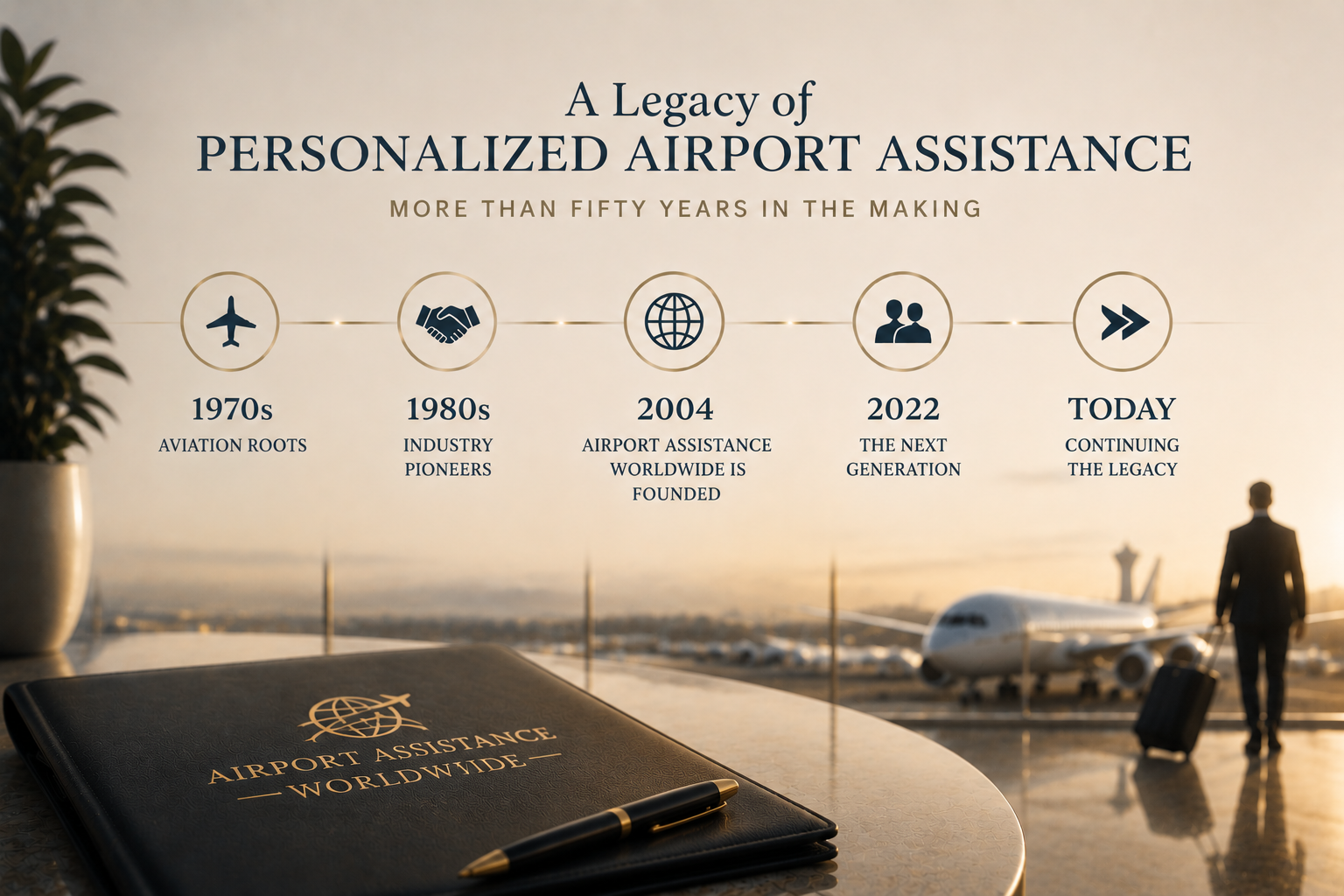 A luxury airport lounge scene featuring a gold-accented timeline of Airport Assistance Worldwide’s legacy from aviation roots in the 1970s to continuing the legacy today, with a gold embossed portfolio, aircraft, and traveler in the background.