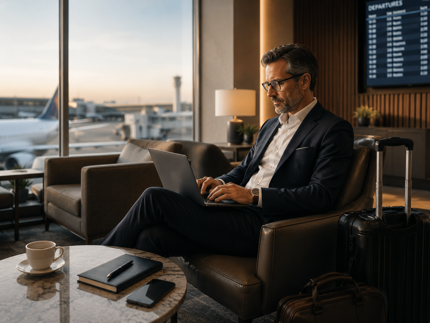 Business traveler working on a laptop in an airport lounge before his flight