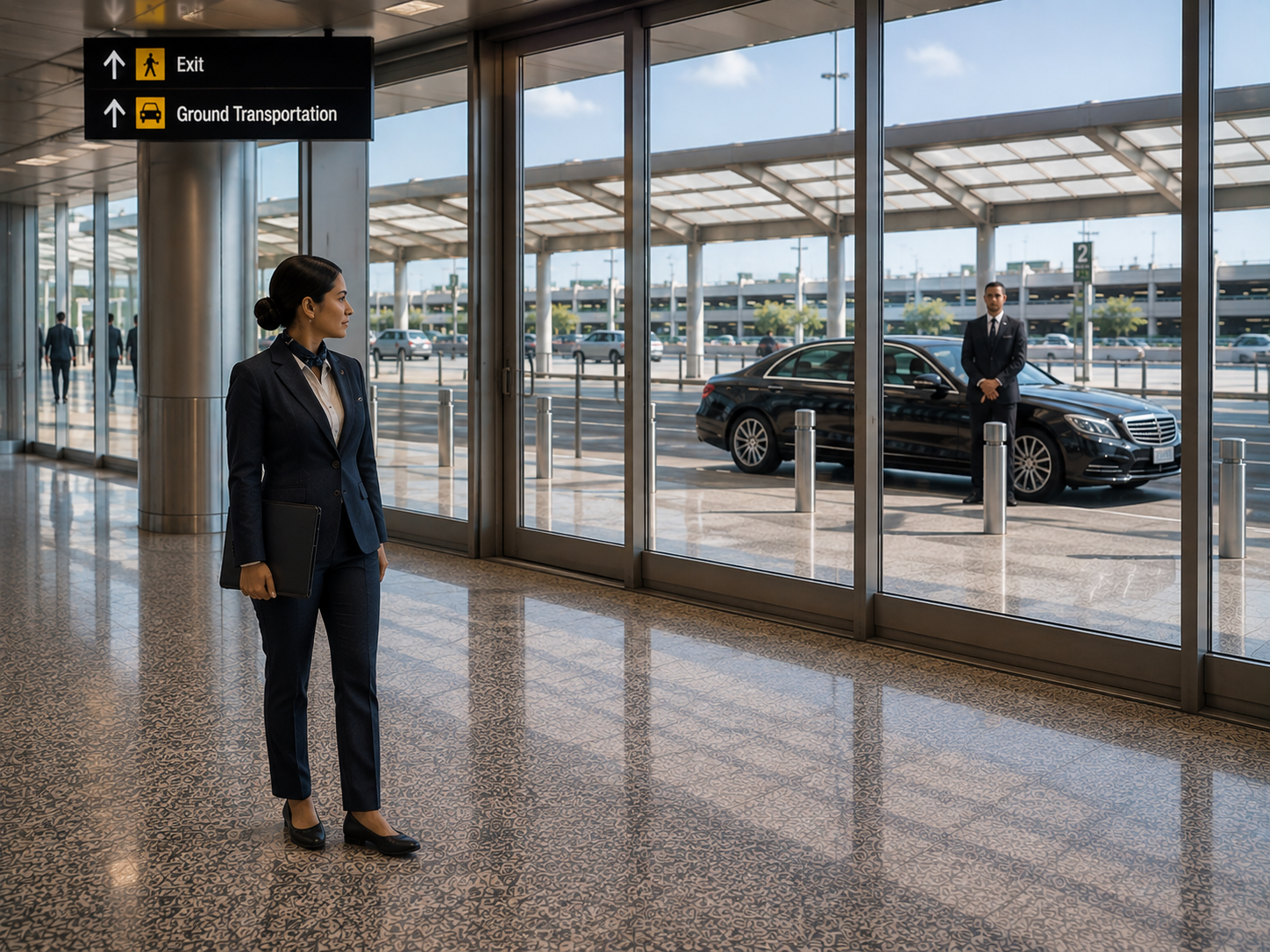 Airport assistance representative confirms a waiting chauffeur and vehicle at the ground transportation pickup area.