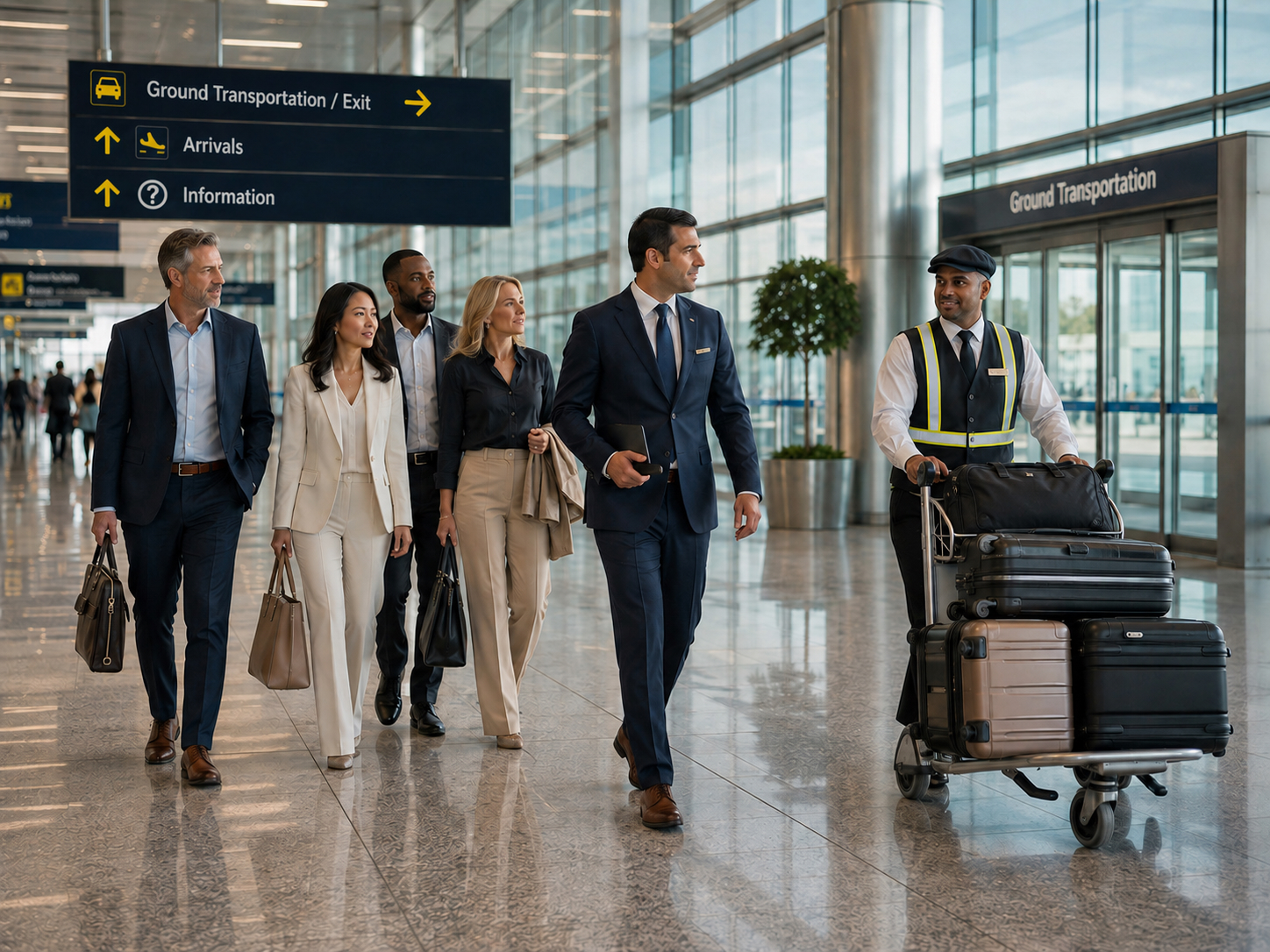 Airport assistance representative guiding corporate business travelers while a porter manages their luggage