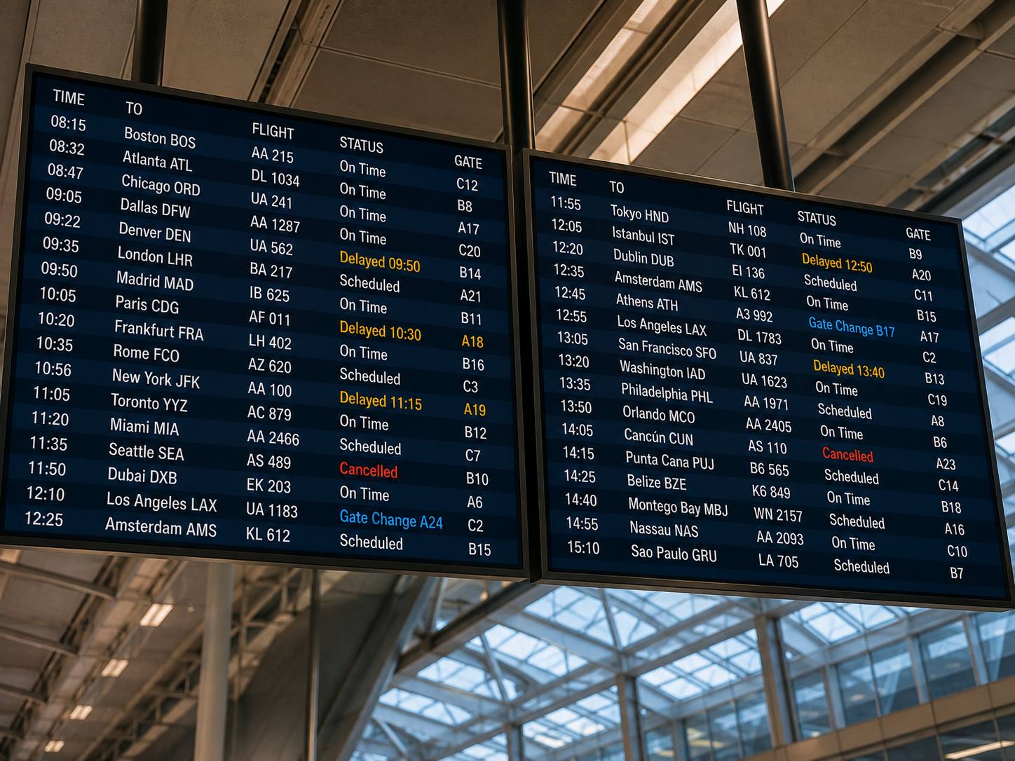 Airport flight information boards showing on-time, scheduled, delayed, cancelled, and gate-change flight statuses.