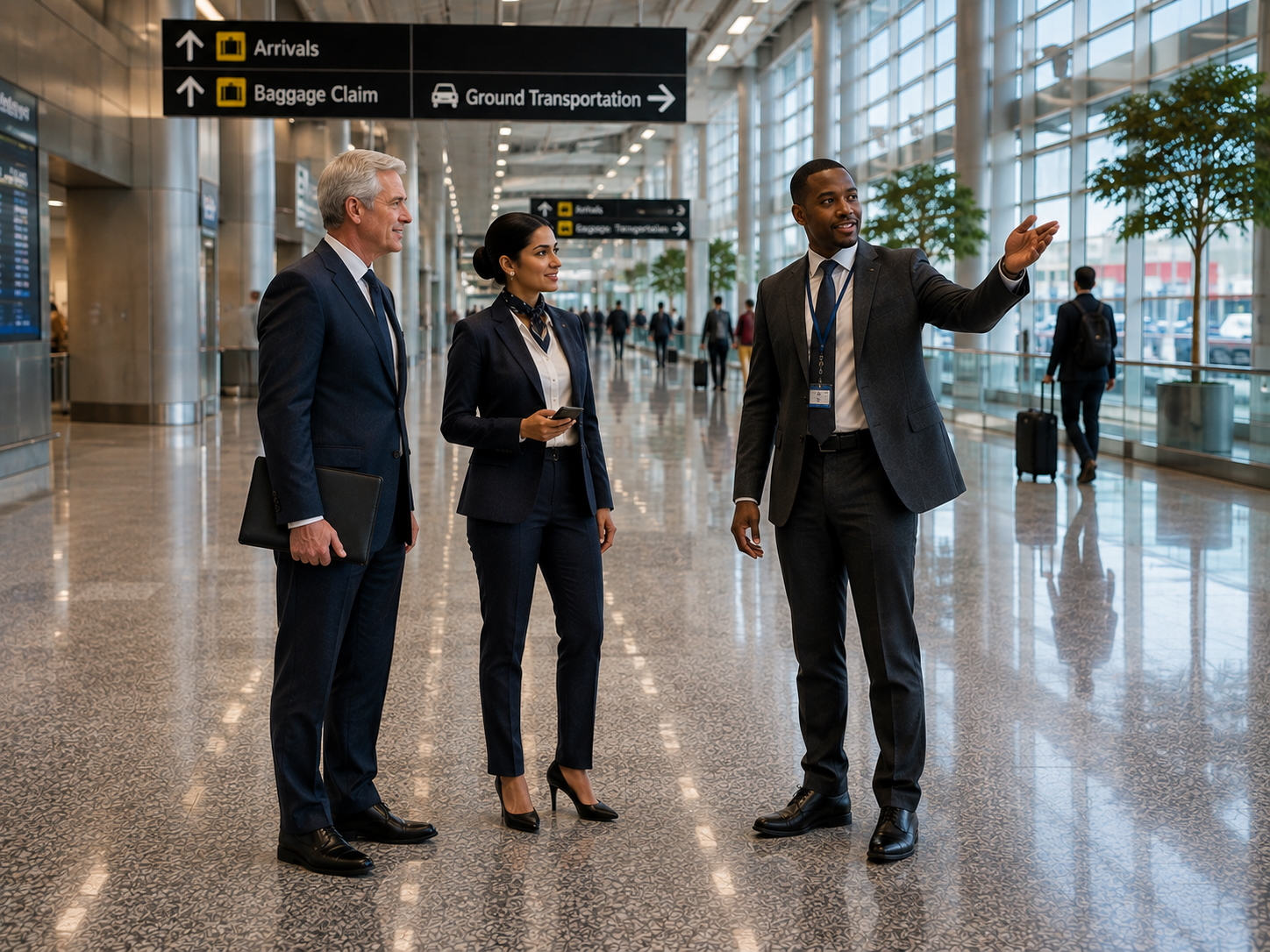 Airport assistance professionals coordinate service arrangements inside an international airport terminal.