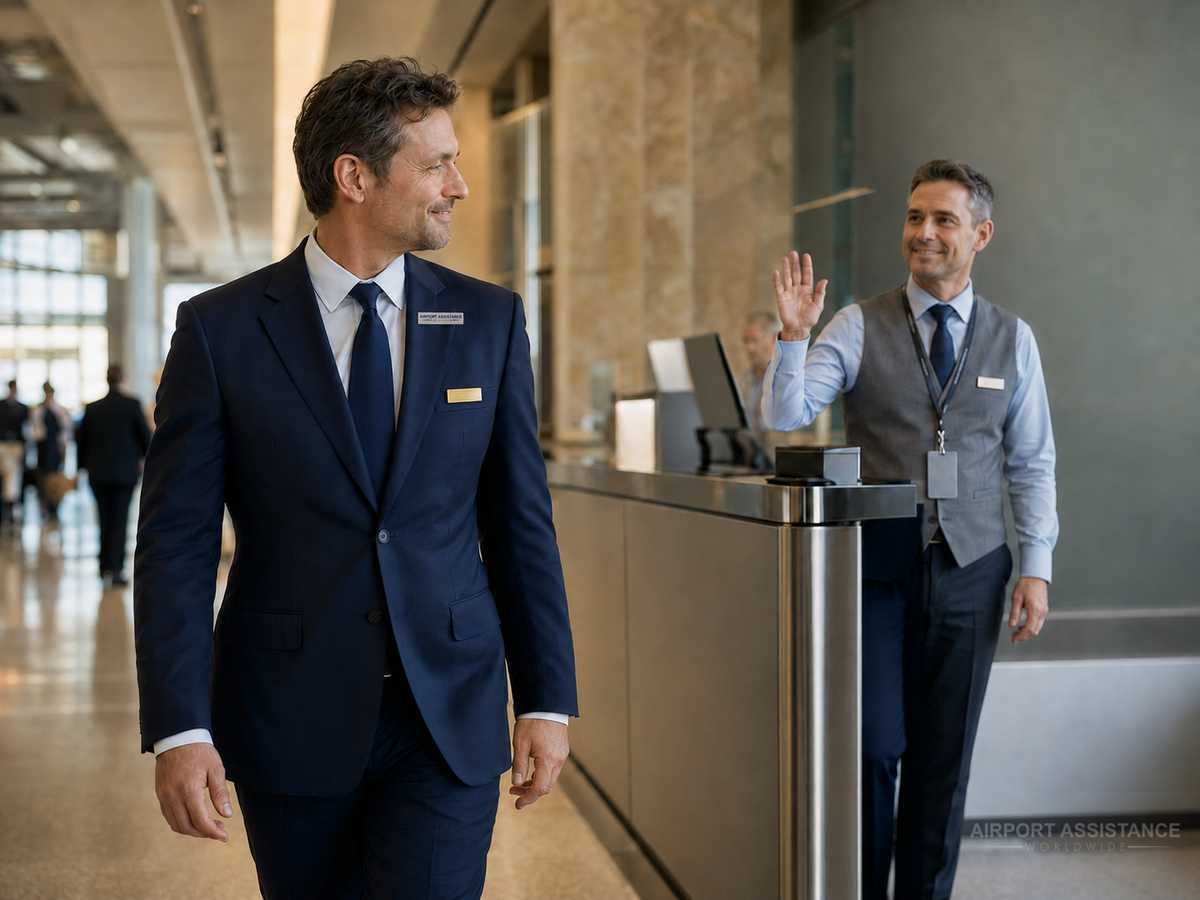 Airport assistance professional and airline supervisor exchange a familiar goodbye at an international departure gate.
