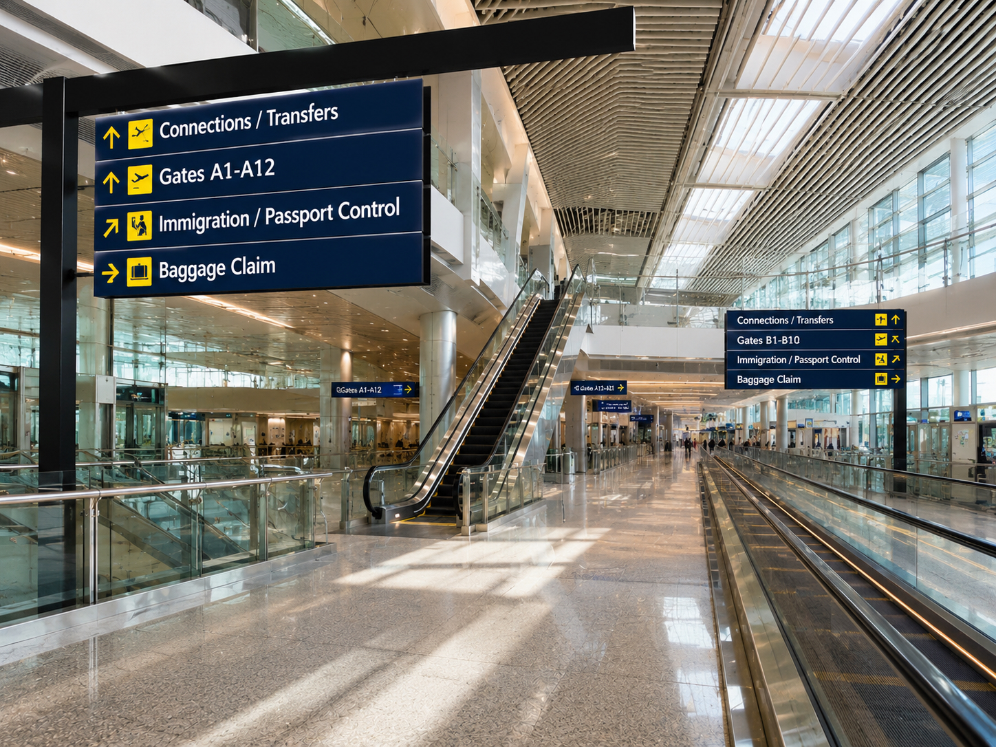 International airport connection hub with signs for gates, transfers, immigration and baggage claim