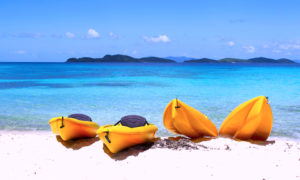 empty kayaks parked on a beach shore