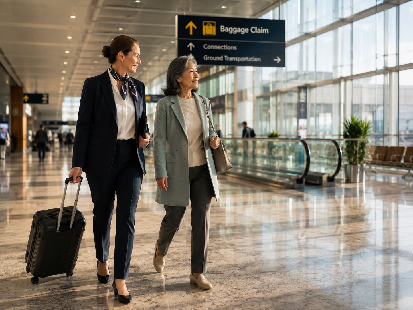 Airport assistance representative guiding a traveler toward baggage claim after European border processing
