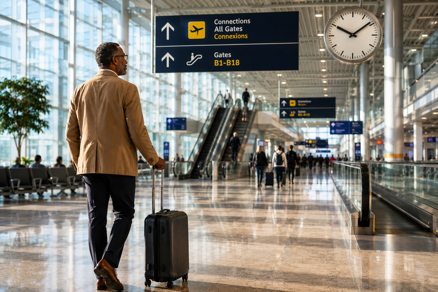 International traveler navigating a European airport connection after passport control