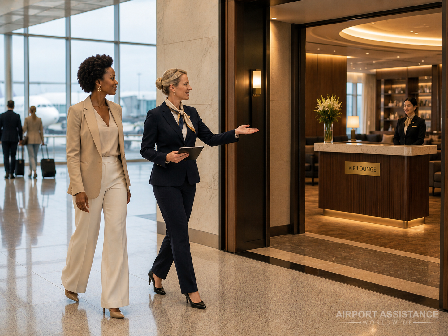 Airport assistance representative escorting a premium traveler into a VIP lounge during an international departure