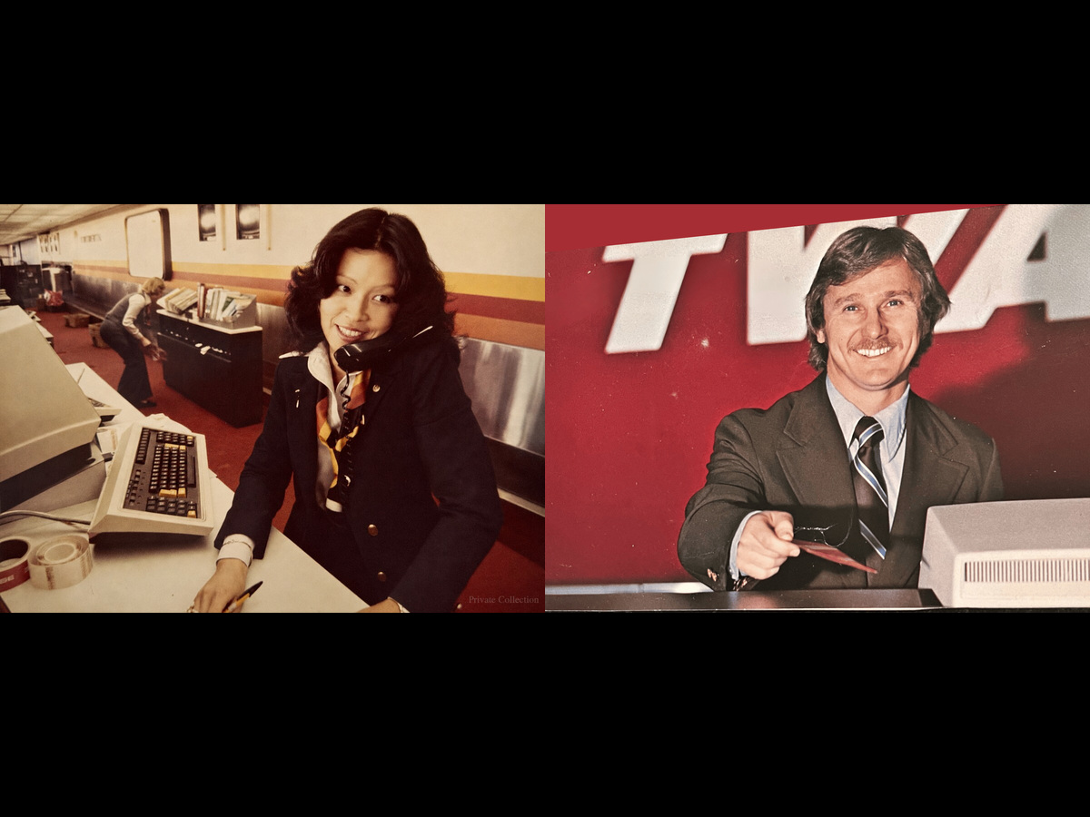 Junko at a Continental Airlines desk beside Ray in front of a TWA sign