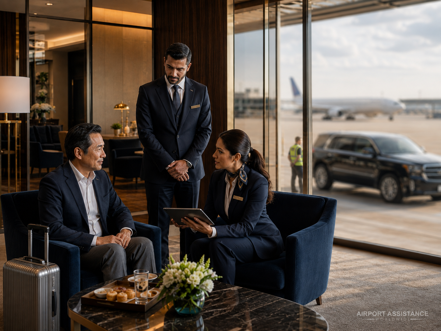 Premium traveler receiving personalized airport assistance in a private terminal before a chauffeured airside transfer.