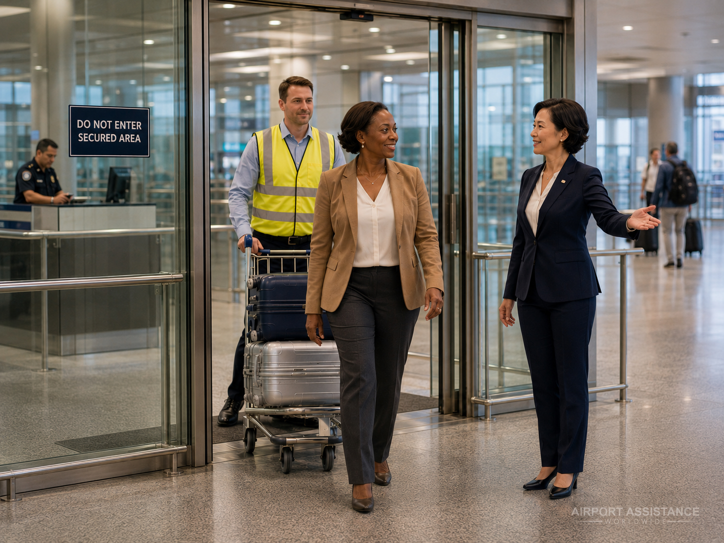 Silver Airport Assistance representative meeting an international traveler outside the secured customs area while a porter handles her luggage.