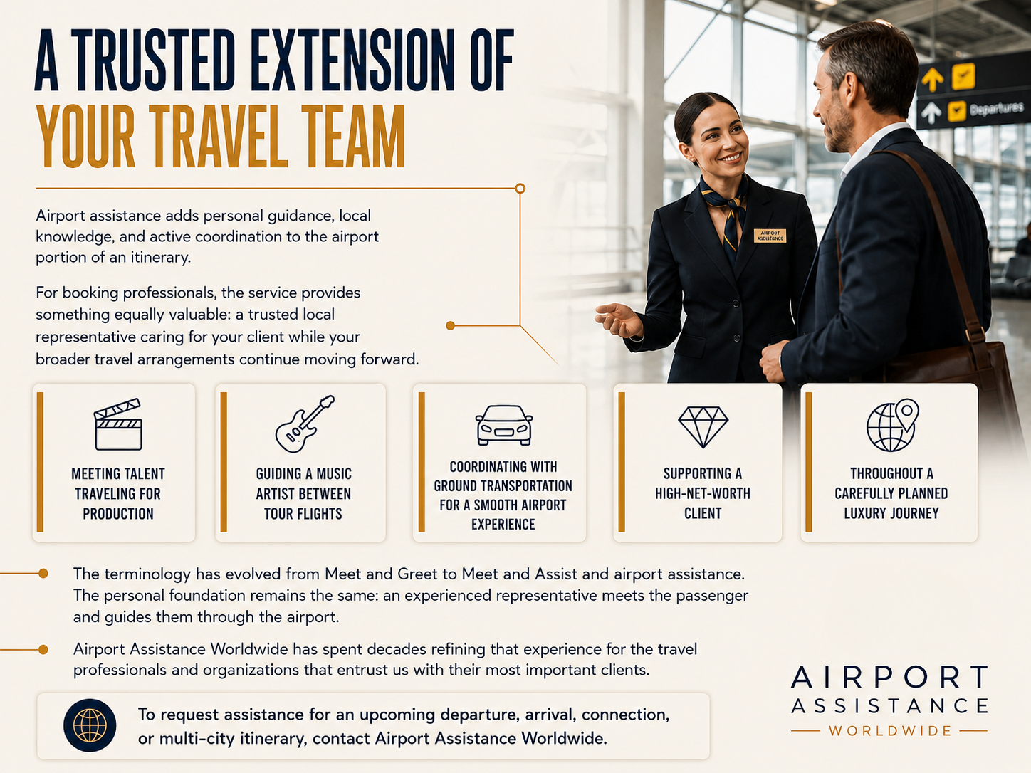 Airport assistance representative supporting a business traveler with coordinated airport services for travel professionals.