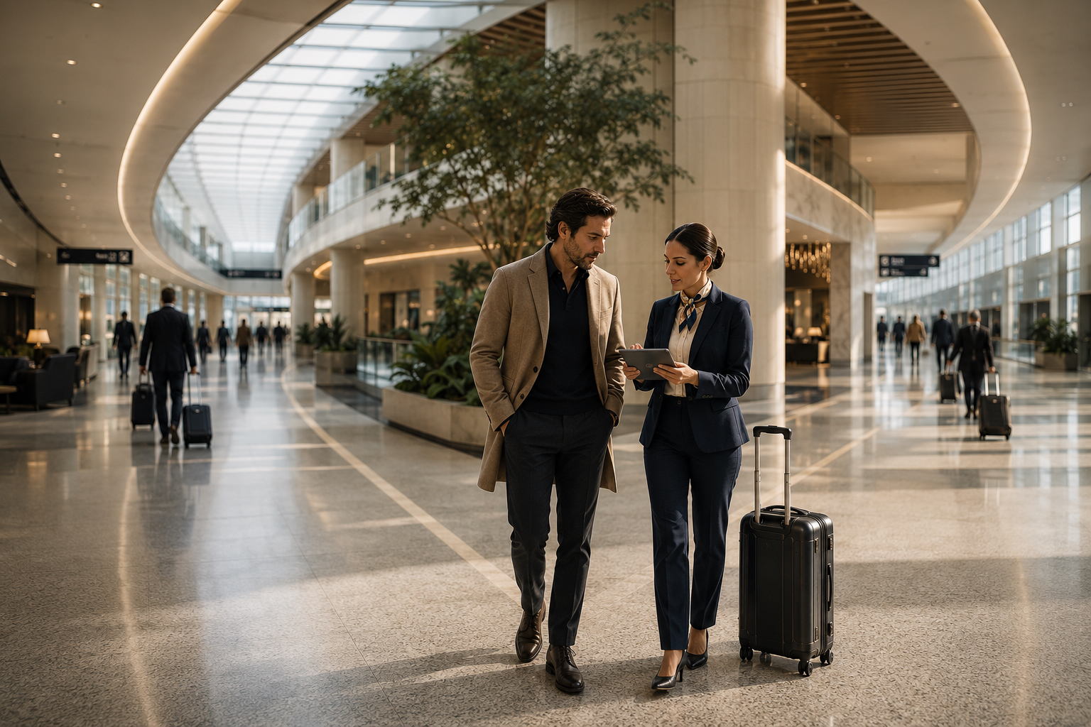 Airport assistance representative guiding a traveler through a luxury international airport